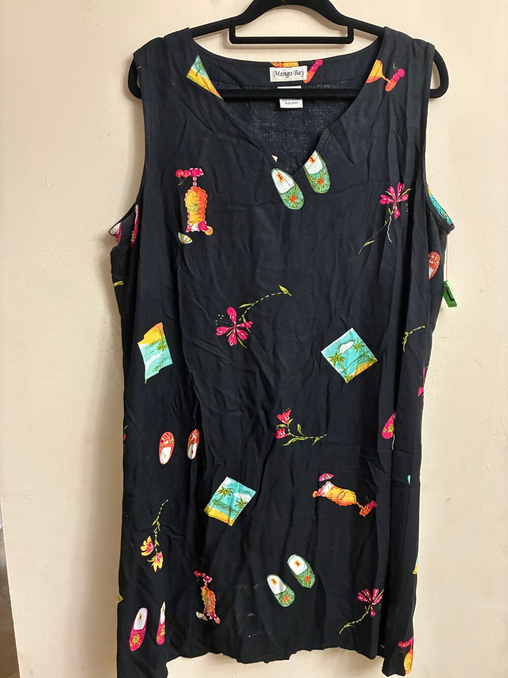 Mango Bay Large Sleeveless Dress Black 100% Rayon Tropical Novelty Print